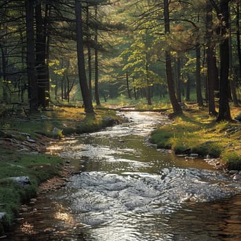 A serene brook winding through a forest, symbolizing peace and the journey of life.