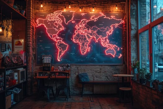 A world map on the wall with neon lighting. Designer decor on the wall in the room.