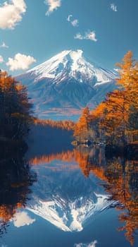 A snow-capped mountain reflected in a crystal-clear lake, symbolizing serene natural beauty.