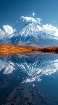 A snow-capped mountain reflected in a crystal-clear lake, symbolizing serene natural beauty.