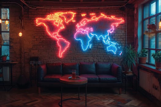 A world map on the wall with neon lighting. Designer decor on the wall in the room.