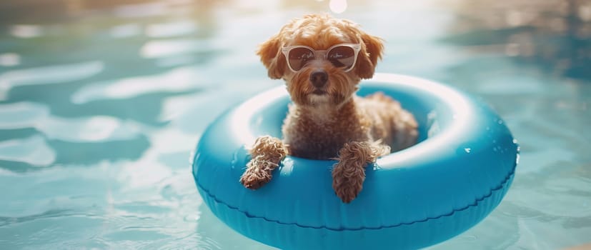 Portrait summer dog puppy going on vacation to beach inside a blue inflatable with happy expression face. . High quality photo