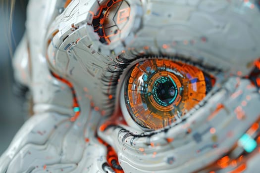 A detailed close-up of a futuristic robots eye, showcasing intricate design and technology.