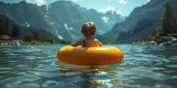 A baby sits on an inflatable raft floating on the water.