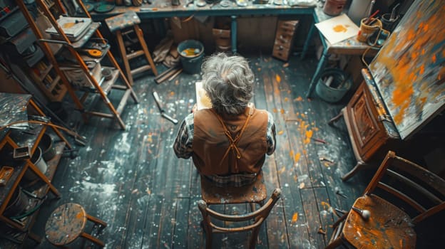 A woman surrounded by clutter in a room filled with various objects and mess.