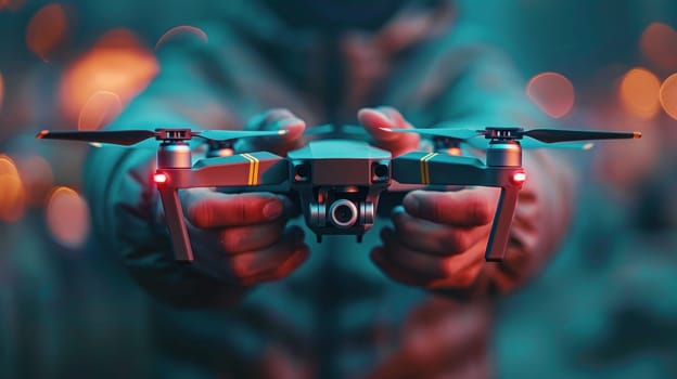 Individual holding a small black and red drone, controlling it via remote.