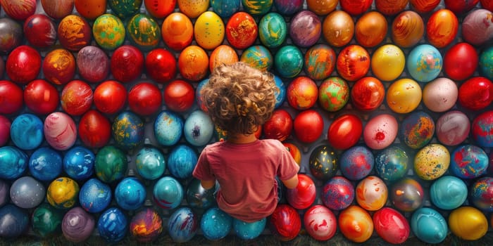A child stands in front of a display of painted eggs, showcasing colorful designs for Easter.
