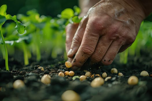 A person bending down and picking up a plant from the ground in a gardening setting.