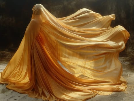 A woman wearing a yellow dress is standing on the sandy beach.