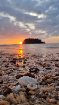 The sun sets gracefully over the calm ocean, casting a warm glow on the sandy beach scattered with beautiful shells. Koh Libong Thailand