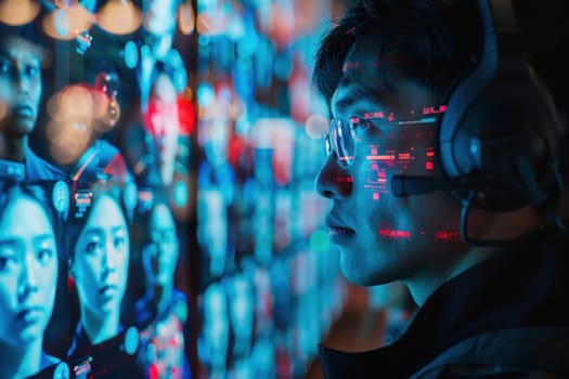 A man wearing headphones is focused on scanning a variety of images displayed on a wall.