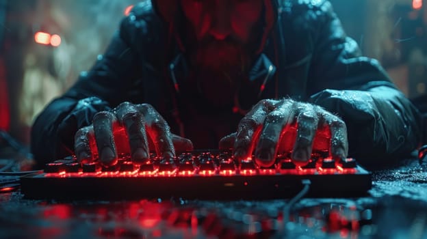 A man is focused on typing on a computer keyboard, possibly working or coding.