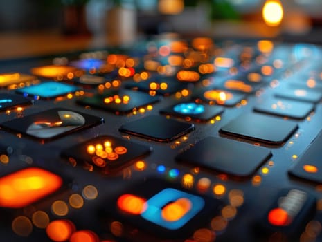 Detailed view of a computer keyboard with blurred lights in the background.