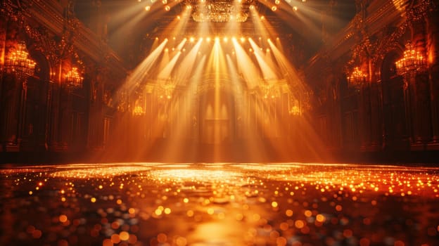 A stage illuminated by bright lights shining down, creating a spotlight effect on the podium.