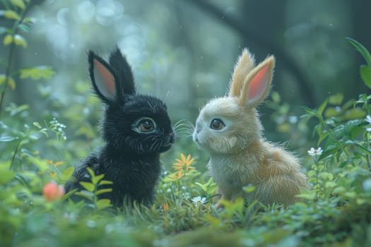 Two rabbits are seated in the green grass.