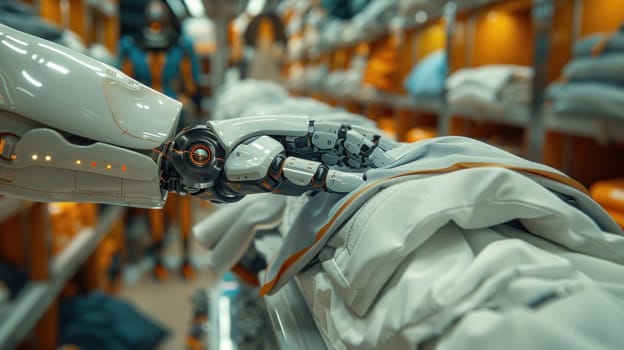 A robotic hand is gripping an item in a warehouse setting, showcasing advanced technology in a manufacturing environment.