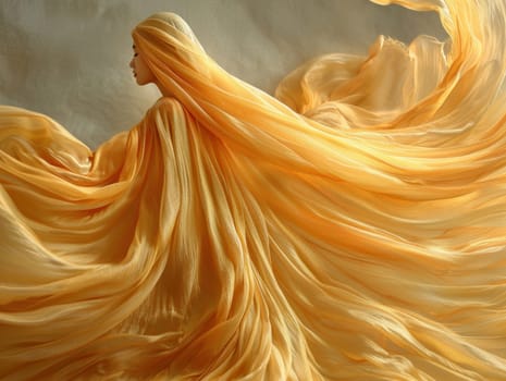 A painting featuring a woman gracefully posing in a flowing yellow dress, captured in vibrant colors and intricate brushstrokes.