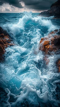 Crashing waves on a rocky coastline under a stormy sky, symbolizing nature's power and beauty.