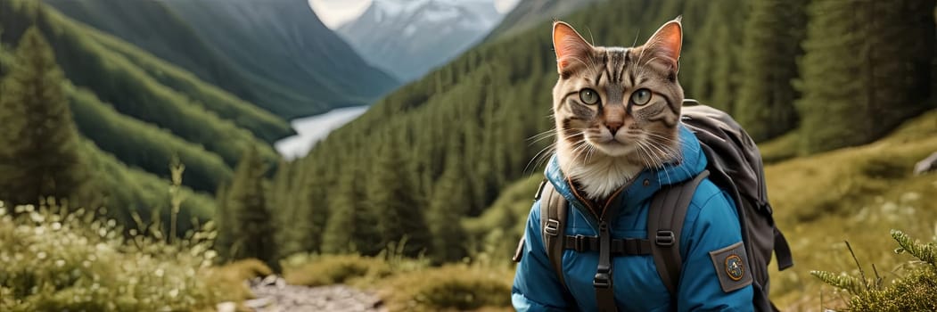 banner Cat in traveler gear walks mountain trail, carrying backpack. The concept of traveling to the mountains, hiking in different beautiful places