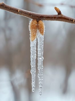 Frozen icicles hanging from a branch, capturing winter's chill and beauty.