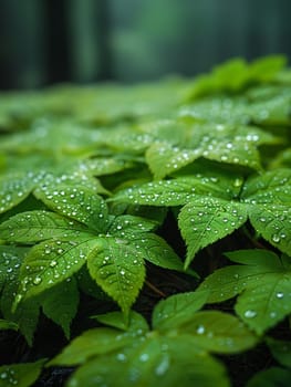 Glossy rain-soaked leaves in a forest, capturing freshness and nature after rain.