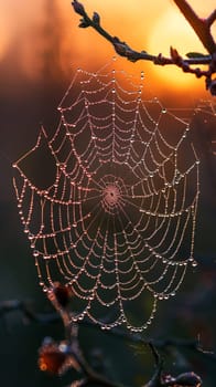 Macro shot of dew on a spider web at dawn, capturing nature's intricate designs.