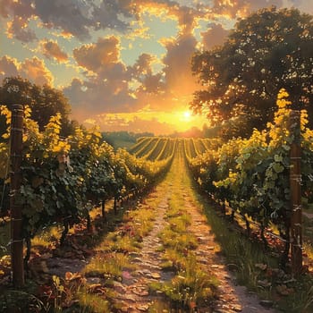 Golden hour sunlight filtering through a vineyard, creating a warm and inviting atmosphere.