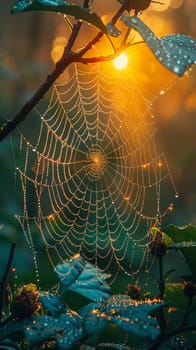 Macro shot of dew on a spider web at dawn, capturing nature's intricate designs.