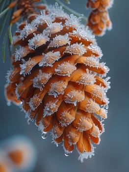 Macro shot of frost on a pine cone, showcasing winter's intricate details.