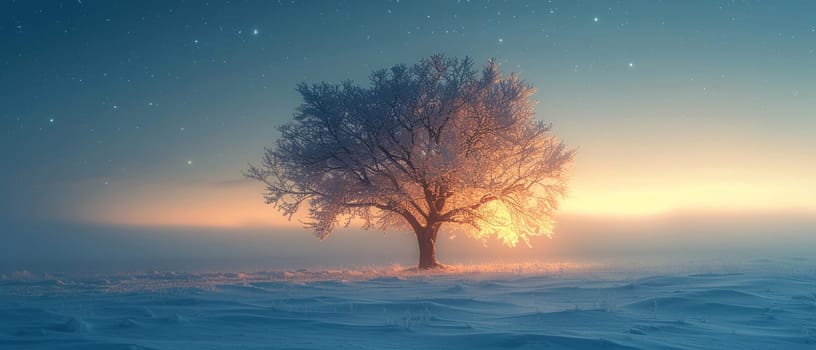 Lone tree in a snowy field under northern lights, ideal for solitude and majestic winter scenes.