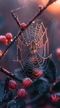 Macro shot of dew on a spider web at dawn, capturing nature's intricate designs.