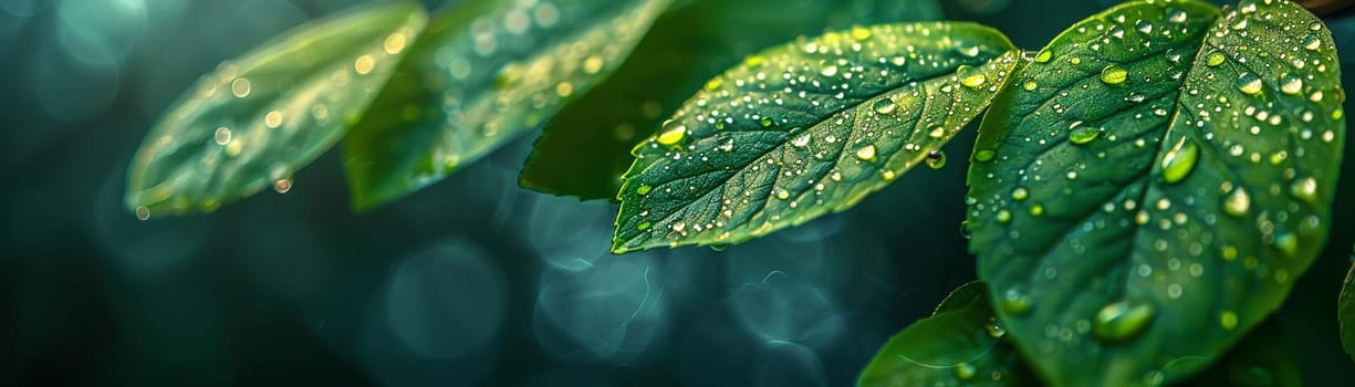Glistening dew on fresh green leaves, evoking morning freshness and nature's awakening.