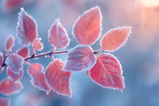 Frost-covered leaves on a brisk winter morning, symbolizing the beauty of the cold season.