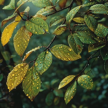 Glossy rain-soaked leaves in a forest, capturing freshness and nature after rain.