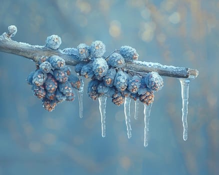 Frozen icicles hanging from a branch, capturing winter's chill and beauty.