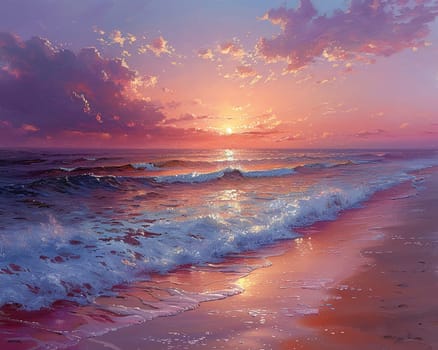 Gentle waves lapping at a sandy beach under a pastel sunset, evoking calm and relaxation.