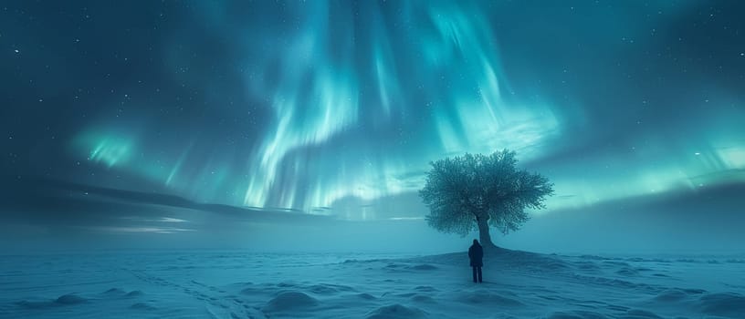 Lone tree in a snowy field under northern lights, ideal for solitude and majestic winter scenes.