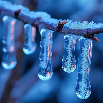 Frozen icicles hanging from a branch, capturing winter's chill and beauty.