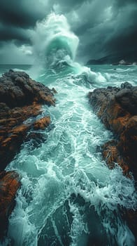 Crashing waves on a rocky coastline under a stormy sky, symbolizing nature's power and beauty.