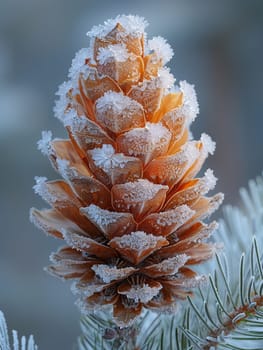 Macro shot of frost on a pine cone, showcasing winter's intricate details.