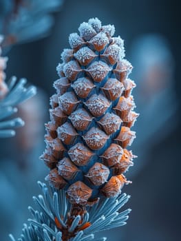 Macro shot of frost on a pine cone, showcasing winter's intricate details.