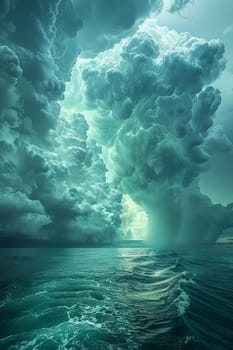 Dramatic cloud formations looming over a calm sea, illustrating the power and beauty of nature.