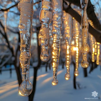 Frozen icicles hanging from a branch, capturing winter's chill and beauty.