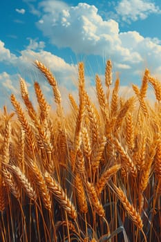 Golden wheat field swaying in the breeze, ideal for agricultural and country themes.