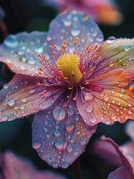 Fresh dew on a colorful garden flower, capturing the essence of spring.