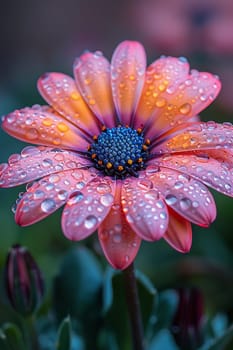 Fresh dew on a colorful garden flower, capturing the essence of spring.