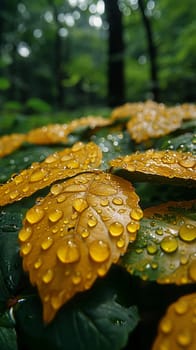 Glossy rain-soaked leaves in a forest, capturing freshness and nature after rain.