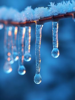 Frozen icicles hanging from a branch, capturing winter's chill and beauty.