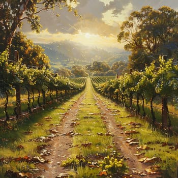 Golden hour sunlight filtering through a vineyard, creating a warm and inviting atmosphere.