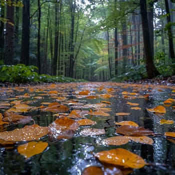 Glossy rain-soaked leaves in a forest, capturing freshness and nature after rain.